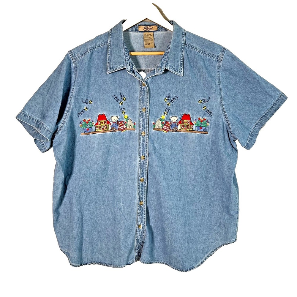 Just My Size Denim Shirt 22/24W SS Button Up Embroidered Bears Butterfly Cottage
